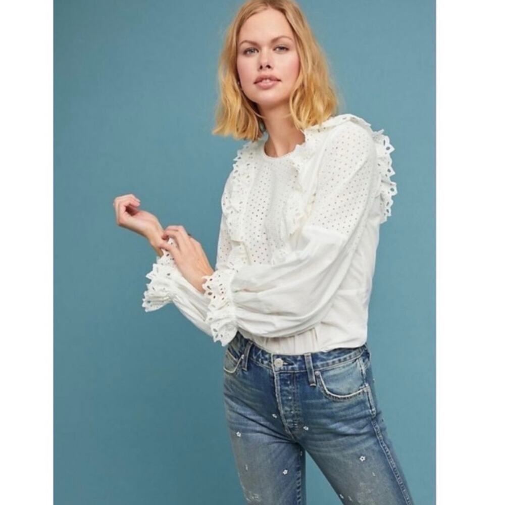 Anthropologie Seen Worn Kept Ivory Eyelet Ruffle 100% Cotton Blouse M - Picture 2 of 11